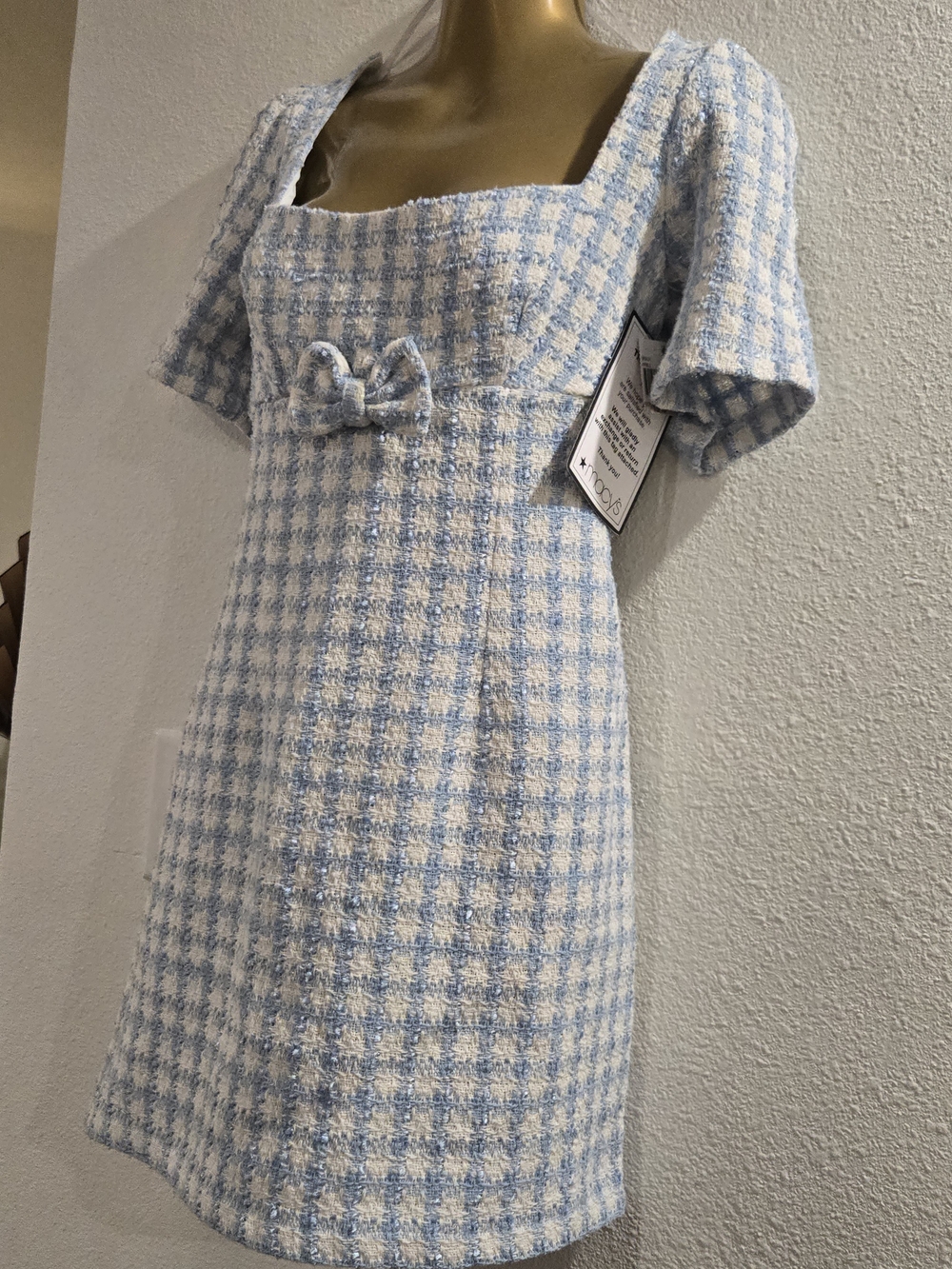 Macy's B Darlin NWT Lt Blue & Wht Check Tweed Mini Dress | 15/16 | Minor Flaw**